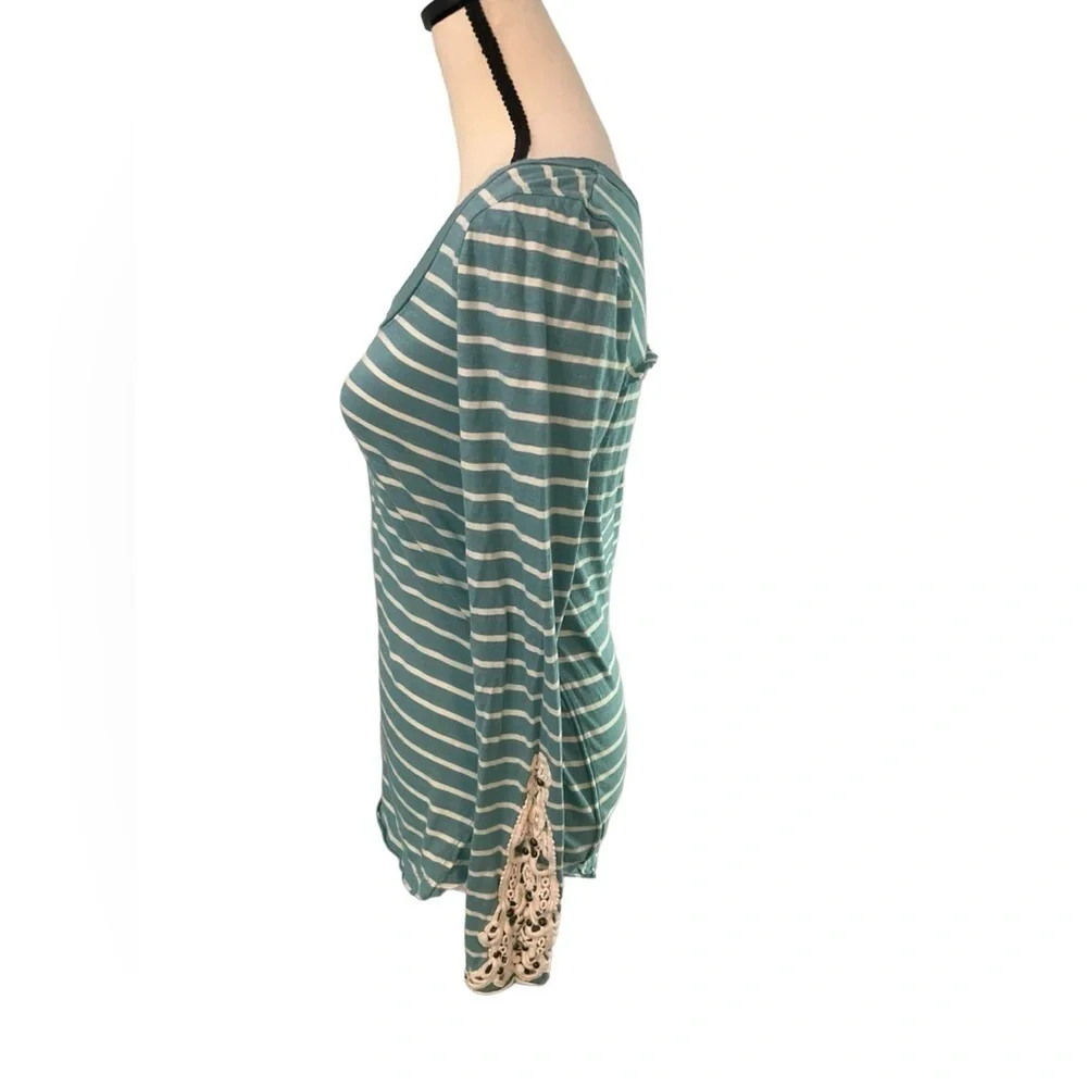 Free People Teal Striped Crochet Sleeve Cotton Long Sleeve Top Size Medium